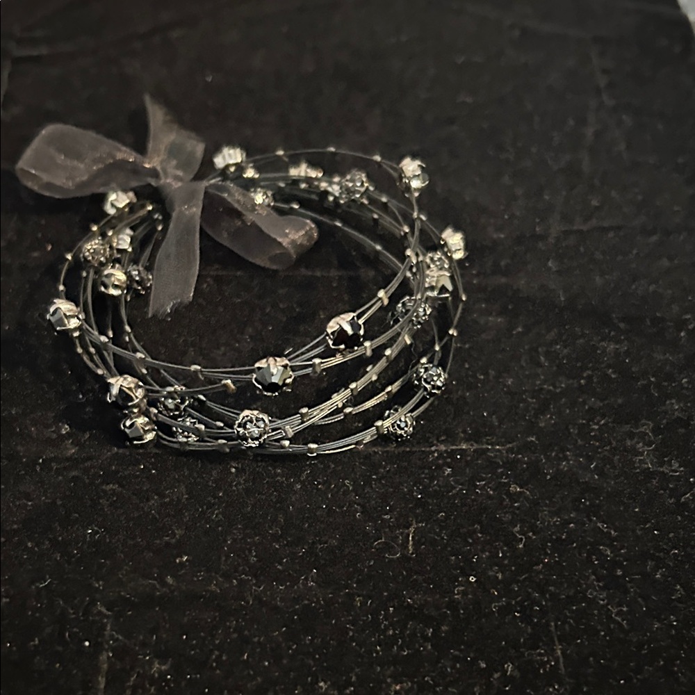 Elegant Black Beaded Wrap Bracelet with Ribbon